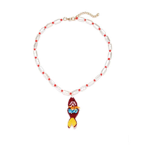Necklace With Beaded Tropical Fish Pendant And Imitation Artificial Baroque Pearl Red Beads Summer Boho Ethnic Style For Women