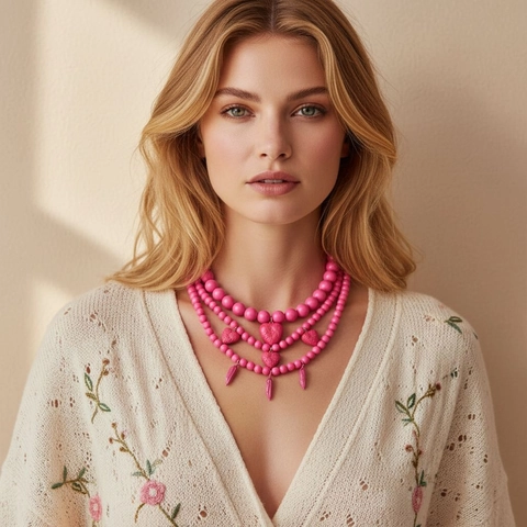 Collier Perles Multicouches Bohème Rose Résine Pendentifs Coeur Feuille Douce Chaîne De Clavicule Pour Femmes