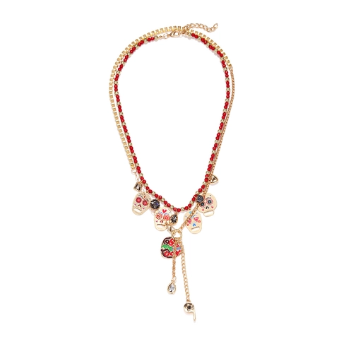 Vintage Gelaagde Sugar Skull Hart Hanger Ketting Set Voor Vrouwen Rode Kralen Gouden Ketting Halloween Sieraden Set