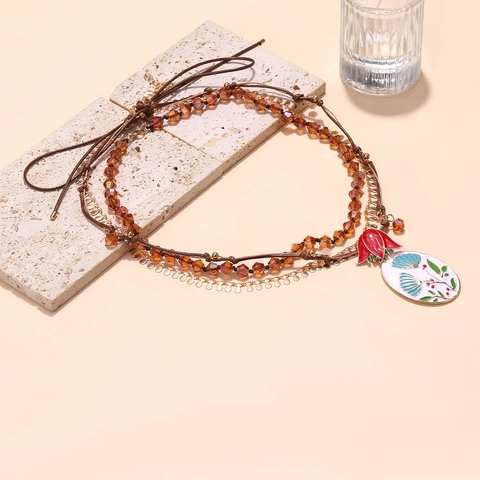 Collana Multistrato Pendente Fiore Smalto Boho Perline Fatte A Mano Cristallo Artificiale Corda Intrecciata Elegante
