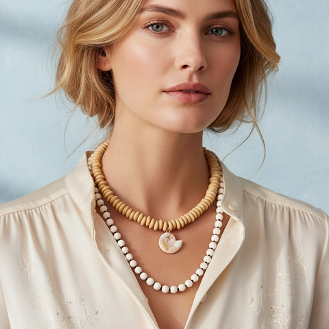 Double Layer Necklace With Wooden Beads Resin Beads And Natural Conch Shell Pendant Bohemian Retro Style For Women