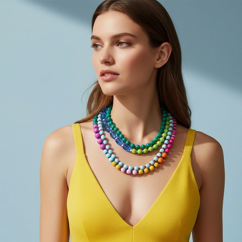 Collier À Plusieurs Rangs En Perles De Résine Colorées Dégradé Arc-en-Ciel Bijoux Rétro Bohème Pour Femmes Avec Fermoir En Alliage