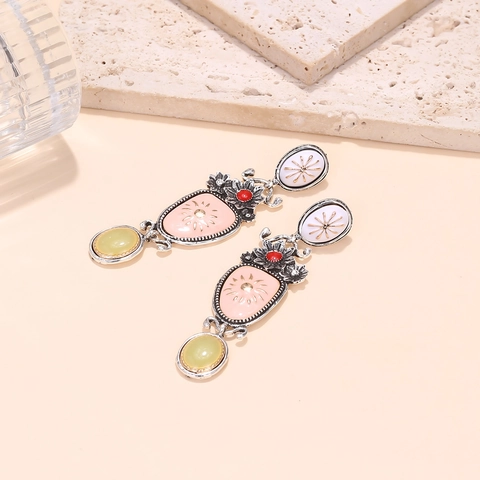 Vintage Boheemse Bloemen Hangende Oorbellen Legering Emaille Etnische Stijl Sieraden Voor Dames Met Roestvrijstalen Oorknopje