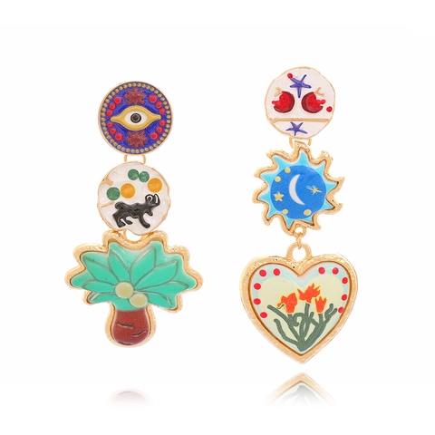 Asymmetric Dangle Earrings Alloy Enamel Evil Eye Palm Tree Sun Moon Heart Artistic Boho Style Jewelry For Women Novelty
