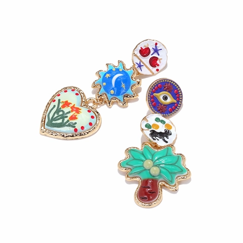 Asymmetric Dangle Earrings Alloy Enamel Evil Eye Palm Tree Sun Moon Heart Artistic Boho Style Jewelry For Women Novelty