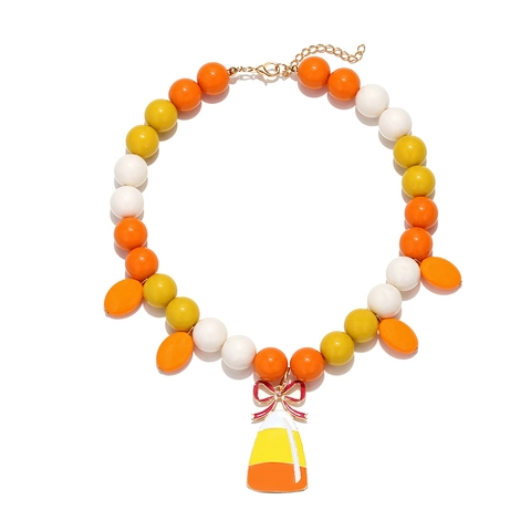 Halloween Candy Corn Beaded Necklace Resin Colorful Beads Zinc Alloy Pendant Festive Jewelry For Women Girls