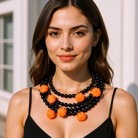 Halloween Mehrlagige Perlenkette Mit Orangefarbenen Kürbisanhängern Aus Harz Und Schwarzen Perlen Gothic Statement Schmuck