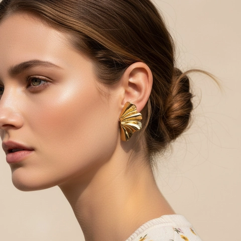 Zinklegierung Ginkgo Blatt Ohrstecker Fächerförmig Texturierte Welle Plissiert Goldton Vintage Stil Für Frauen