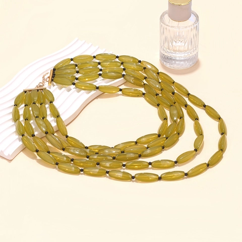 Collier Multi Rangs En Perles De Résine Bohème Vintage Pour Femmes Bijoux Déclaration Cascade Vert Olive Avec Fermoir En Alliage