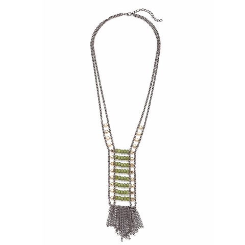Bohemian Long Tassel Pendant Necklace Women Vintage Alloy Multi Strand Metal Chain Green Resin Beads Sweater Chain
