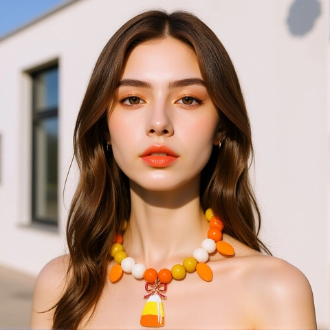 Halloween Candy Corn Beaded Necklace Resin Colorful Beads Zinc Alloy Pendant Festive Jewelry For Women Girls