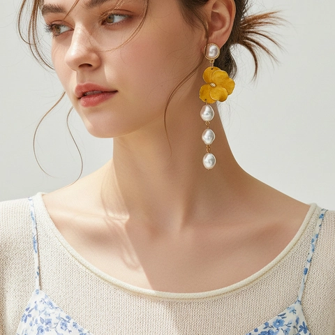 Asymmetric Flower Enamel Drop Earrings With Baroque Imitation Artificial Pearls And Stainless Steel Earring Post Floral Retro Jewelry
