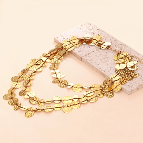Collier Plastron Multi-Rangs Doré Alliage Disques Martelés Bohème Rétro Fait Main Chaîne De Clavicule Pour Femme