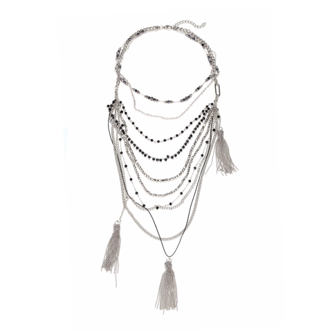 Collana Multistrato Con Perline In Resina Nera E Lunghe Nappe In Lega Design Cascata Stile Boho