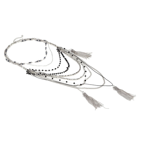 Collana Multistrato Con Perline In Resina Nera E Lunghe Nappe In Lega Design Cascata Stile Boho