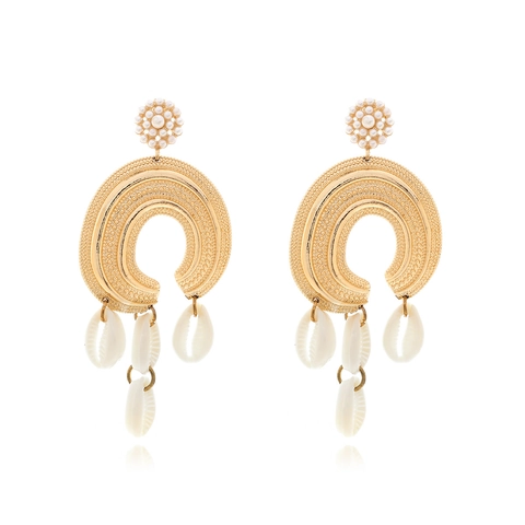 Bohemian Dangle Earrings Alloy Textured U Shape With Imitation Artificial Pearl And Natural Shell Stainless Steel Earring Post