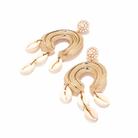 Bohemian Dangle Earrings Alloy Textured U Shape With Imitation Artificial Pearl And Natural Shell Stainless Steel Earring Post