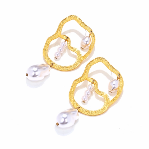 Artificial Baroque Pearl Dangle Earrings Irregular Geometric Circle Alloy Jewelry With Stainless Steel Earring Post Vintage For Women