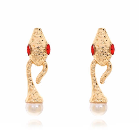 Orecchini Pendenti Testa Di Serpente Lega Martellata Strass Rosso Perla Artificial Imitazione Con Perno In Acciaio Inossidabile