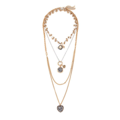 Mehrlagige Halskette Zinklegierung Herz Und Münzanhänger Strass Akzente Vintage Stil Statement Schmuck Für Damen