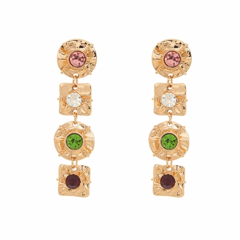 Orecchini Pendenti Geometrici Vintage Lega Zinco Strass Colorati Künstliche Perle Sintetiche Texture Martellata Gioielli Donne