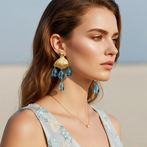 Boucles D'oreilles Pendantes Rétro Queue De Poisson Alliage Doré Avec Perles En Résine Bleue Et Tige En Acier Inoxydable