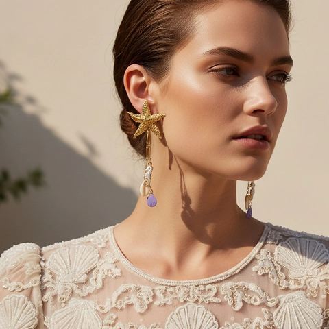 Gold Alloy Starfish Seahorse Shell Tassel Drop Earrings With Stainless Steel Earring Post For Women Beach Vacation