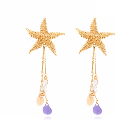 Gold Alloy Starfish Seahorse Shell Tassel Drop Earrings With Stainless Steel Earring Post For Women Beach Vacation