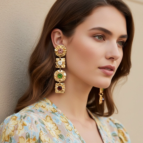 Orecchini Pendenti Geometrici Vintage Lega Zinco Strass Colorati Künstliche Perle Sintetiche Texture Martellata Gioielli Donne