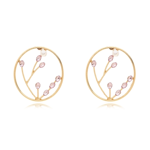 Retro Flower Branch Hoop Earrings Alloy Pink Rhinestone Imitation Artificial Pearl Stainless Steel Post Vintage Jewelry For Women