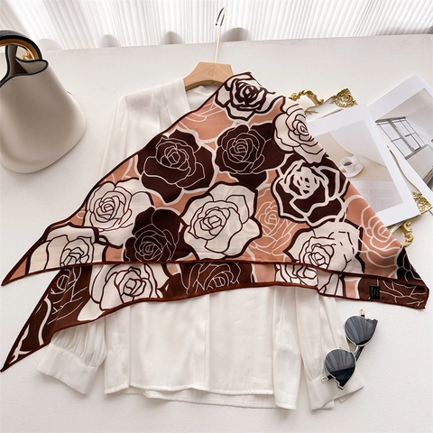 Rose Flower Print Scarf Elegant Herringbone Polyester Velvet Triangle Shawl Warm Winter Headscarf Wrap For Women
