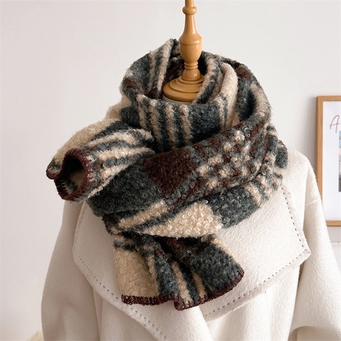Bufanda de Cuadros de Invierno para Mujer Hombre Cálida Suave Imitación Cachemira Bouclé Chal de Punto con Puntada de Manta Retro