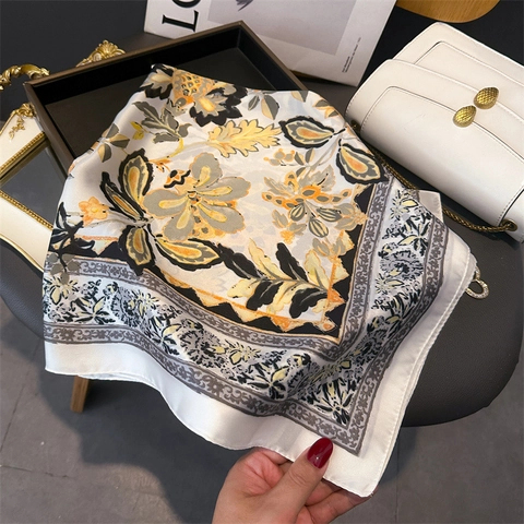 Foulard Carré Vintage À Fleurs Satin De Satin Artificielle Bandana Élégant Imprimé Accessoire Été Pour Femmes