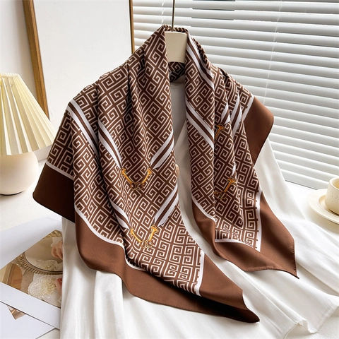 Elegant Square Scarf Satin Feeling Polyester Satin Greek Key Geometric Equestrian Print Head Neck Wrap For Women