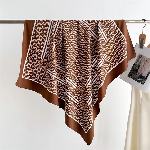 Elegant Square Scarf Satin Feeling Polyester Satin Greek Key Geometric Equestrian Print Head Neck Wrap For Women