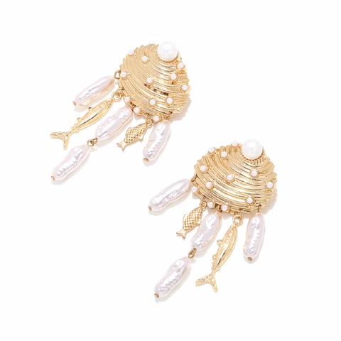 Ocean Theme Drop Earrings With Shell Fish Pendants Artificial Baroque Pearls Zinc Alloy And Stainless Steel Earring Post Golden