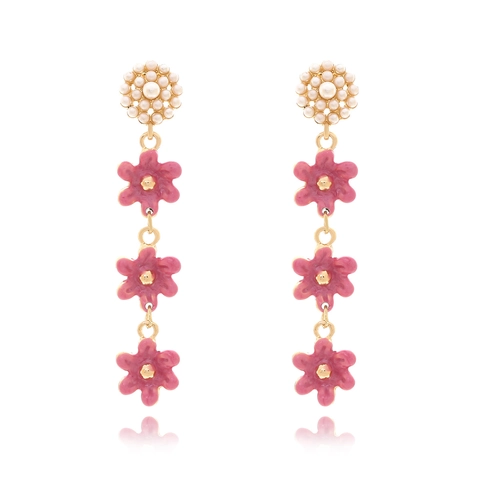 Flower Dangle Earrings Enamel Pink Floral Drop With Imitation Artificial Pearl And Stainless Steel Earring Post For Women Elegant