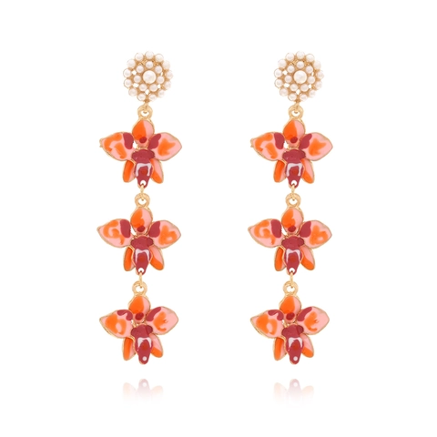 Enamel Flower Drop Earrings With Faux Artificial Pearl And Stainless Steel Earring Post Long Cascading Boho Floral Design For Women