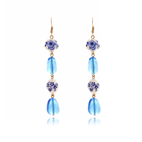 Orecchini Pendenti In Ceramica Porcellana Blu E Bianca Con Perline In Resina E Perno In Acciaio Inossidabile Goccia Lunga