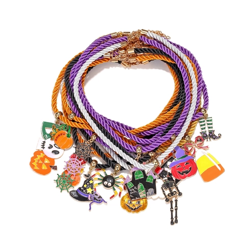 Halloween Pendant Necklace Alloy Enamel Pumpkin Ghost Spider Witch Hat Woven Rope Adjustable For Women Festival