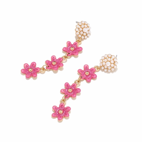 Flower Dangle Earrings Enamel Pink Floral Drop With Imitation Artificial Pearl And Stainless Steel Earring Post For Women Elegant