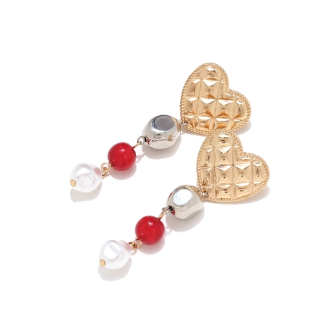 Quilted Heart Dangle Earrings Baroque Imitation Artificial Pearl Resin Beads Vintage Style Elegant Alloy Stainless Steel Earring Post