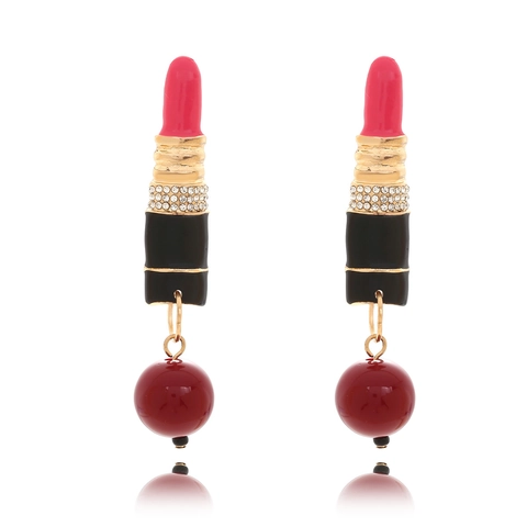 Lipstick Dangle Earrings With Stainless Steel Earring Post Alloy Enamel Rhinestone Long Drop Creative Jewelry Women