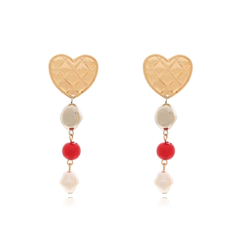 Quilted Heart Dangle Earrings Baroque Imitation Artificial Pearl Resin Beads Vintage Style Elegant Alloy Stainless Steel Earring Post