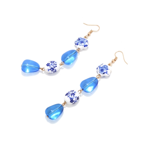 Orecchini Pendenti In Ceramica Porcellana Blu E Bianca Con Perline In Resina E Perno In Acciaio Inossidabile Goccia Lunga