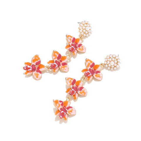 Enamel Flower Drop Earrings With Faux Artificial Pearl And Stainless Steel Earring Post Long Cascading Boho Floral Design For Women