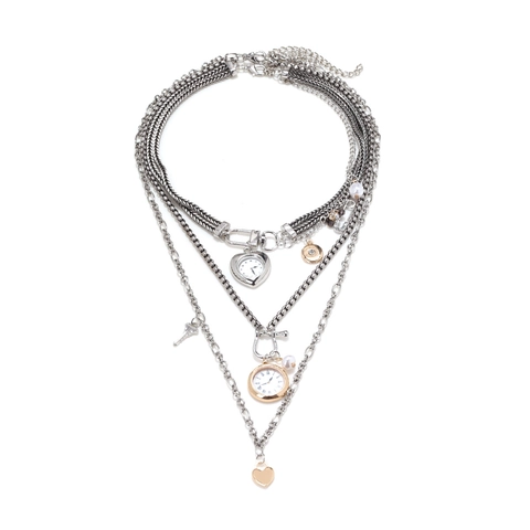 Collar Multicapa Retro Aleación Zinc Corazón Esfera Reloj Torre Eiffel Llave Perlas Artificiales Imitación Colgante Punk Joyería Mujeres