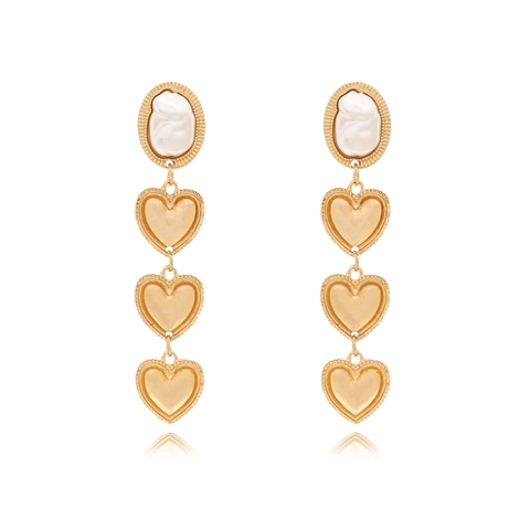 Orecchini A Goccia Lunghi Tono Oro Vintage Con Perla Artificial Barocca Imitazione E Pendenti Triplo Cuore Perno In Acciaio Inossidabile