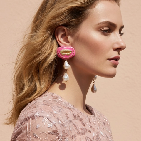 Vintage Oversized Lange Hangende Oorbellen Met Roze Emaille Lip En Barokke Kunstparel Roestvrijstalen Oorsteker Voor Dames