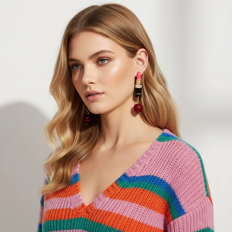 Lipstick Dangle Earrings With Stainless Steel Earring Post Alloy Enamel Rhinestone Long Drop Creative Jewelry Women